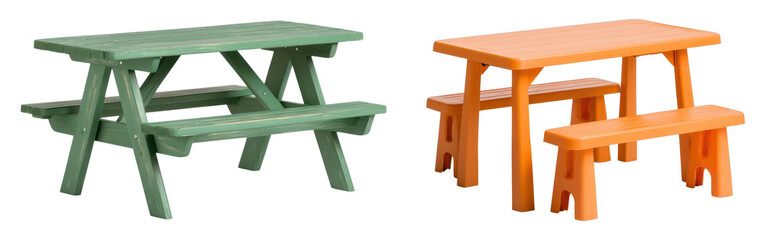 Two colorful picnic tables in green and orange, designed for outdoor dining and leisure activities.