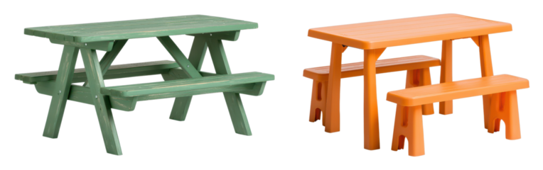 Two colorful picnic tables in green and orange, designed for outdoor dining and leisure activities.