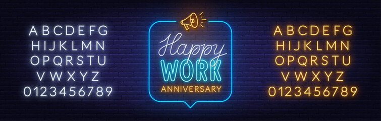 Happy Work Anniversary Neon sign in speech bubble on brick wall background