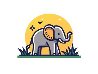 Fototapeta premium Cute cartoon of a gray elephant with tropical leaves and yellow sun on a white background, ideal for childrenÕs projects, greeting cards, and playful summer decor...