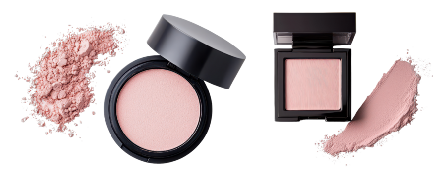 Two blush compacts with pink powder, showcasing different textures and finishes, ideal for enhancing makeup looks.
