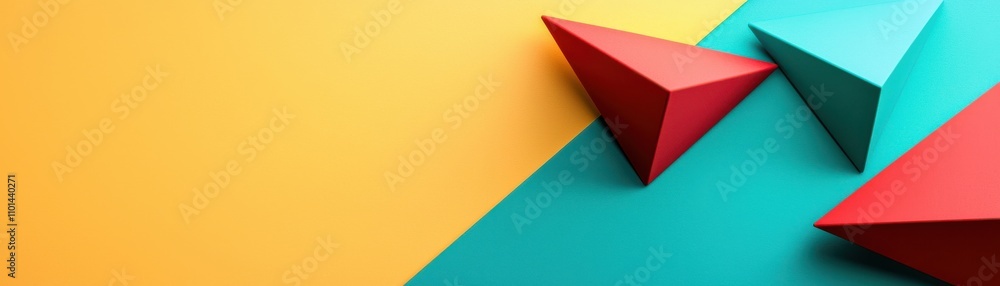 Poster a vibrant composition featuring red and teal triangular shapes against a bright yellow and green bac