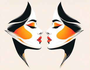 Abstract portrait of two women&Otilde;s faces in profile with mirror effect with bold graphic lines and orange accents on a cream background, perfect for modern decor and artistic statement pieces...
