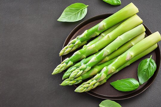 Fresh green asparagus on dark plate with basil leaves