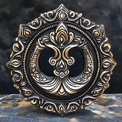 Ornate golden black decorative hindu sacred symbol. Detailed design. Spiritual art piece. Ideal for home decor religious artifacts. Symbolic art. Beautiful carving. Creative design. Hinduism