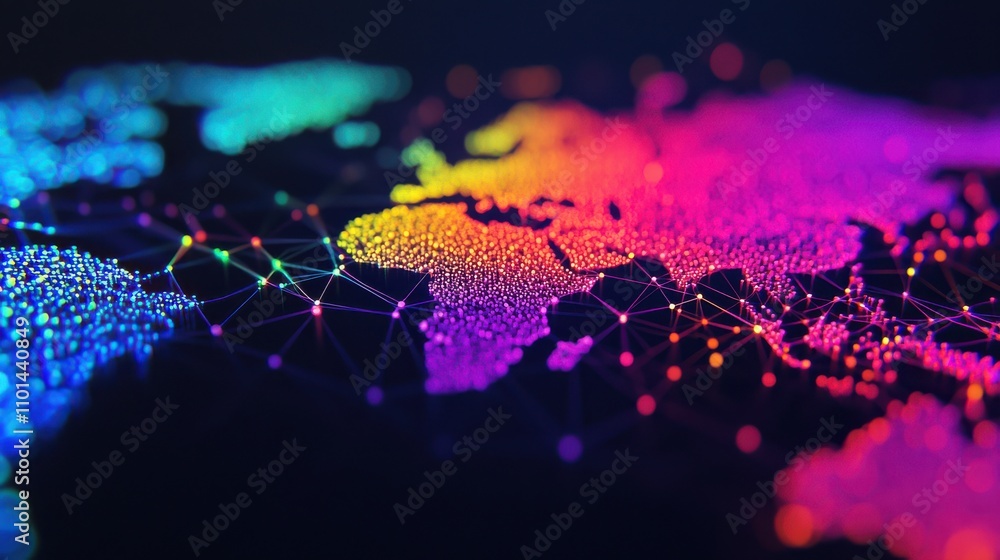 Poster a vibrant, abstract representation of a world map created with colorful dots and lines, symbolizing 