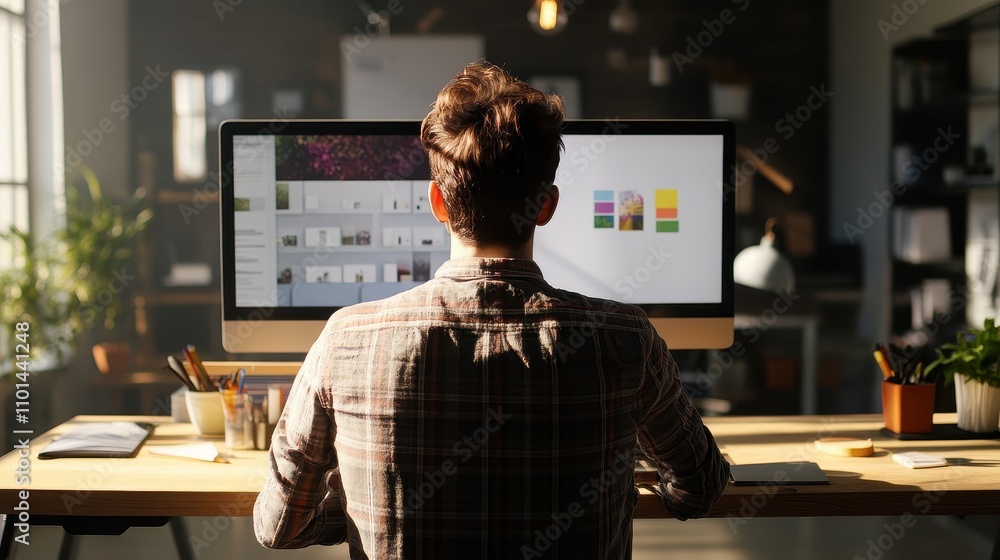 Poster focused programmer working at desk in modern office