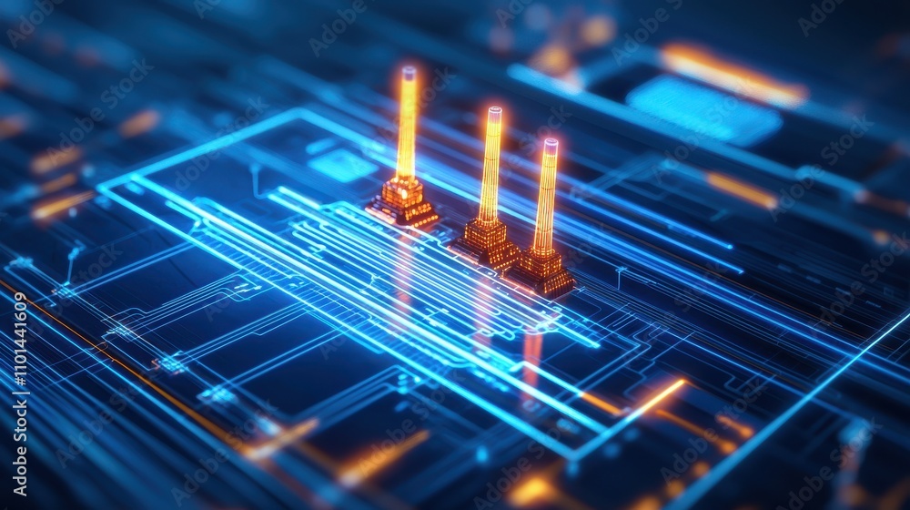 Poster a futuristic circuit board with glowing lines and three golden elements, representing advanced techn