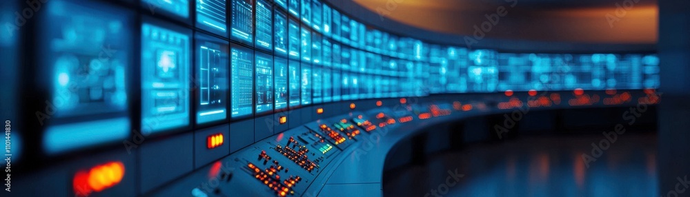 Poster a futuristic control room featuring numerous screens displaying data, illuminated with blue light, e