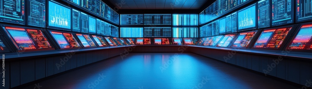 Poster a futuristic control room filled with monitors displaying data, illuminated by blue and red lights, 