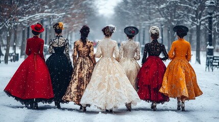 Fototapeta premium A group of women in elegant winter dresses and eye-catching statement coats, walking through a winter park covered in snow 