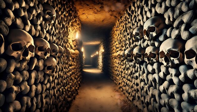 Underground Catacombs. Narrow, bone-lined catacombs beneath an ancient city, dimly lit by torches, with skulls staring out from the walls and a faint echo of distant whispers. Generative AI