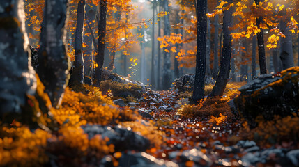 Fototapeta premium Autumn Forest 3D Illustration: Golden Leaves and Sunlit Path