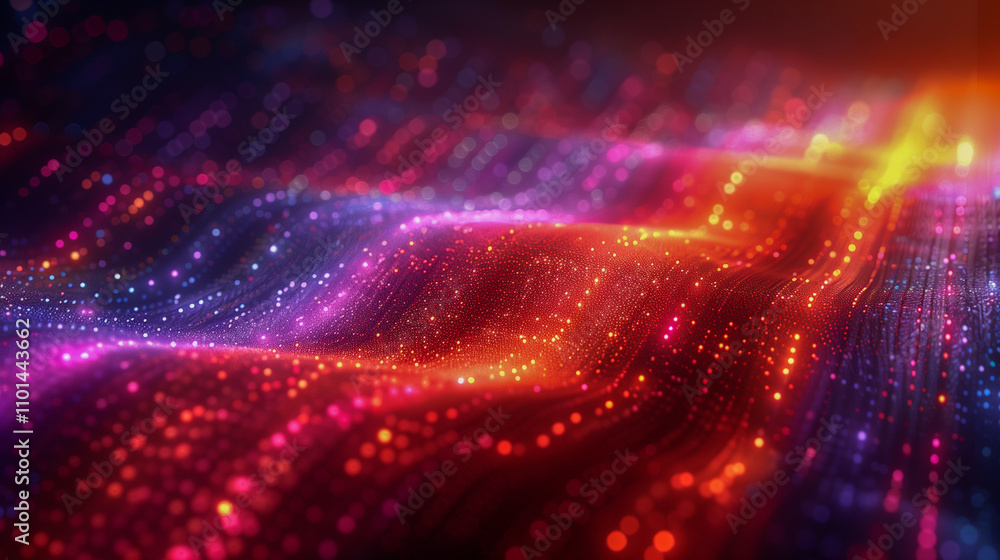 Aufkleber colorful flowing digital waves with glowing particles in motion..