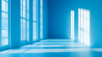 Fototapeta premium Serene Blue Room, Sunlight Illuminates Minimalist Interior Design with Large Windows, Creating a Peaceful and Tranquil Atmosphere.