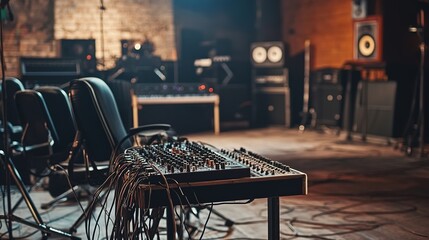 Sound mixer in studio with cables and speakers in background