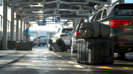 Airport Luggage 3D Illustration: Travel Bags near Cars