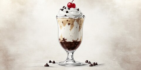 A delicious dessert sundae topped with whipped cream, chocolate chips, and a cherry.