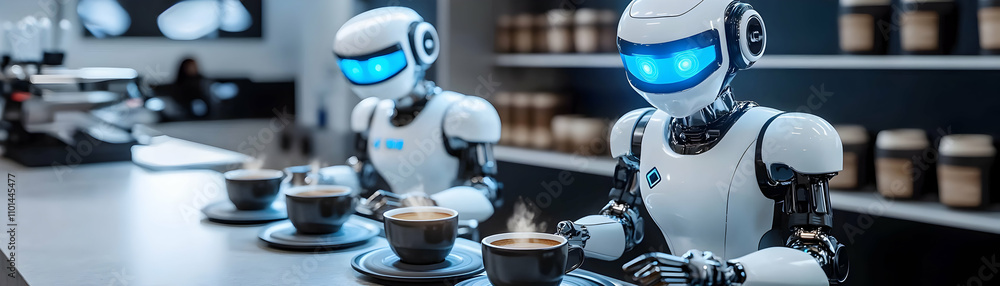 Poster futuristic cafe, robots serve aromatic coffee; advanced androids expertly prepare and present steami