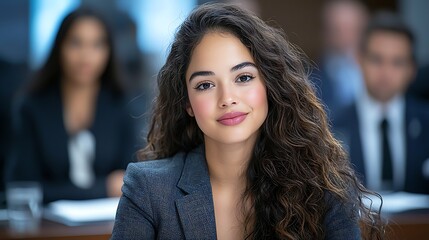 Fototapeta premium An employee, determined to seek justice for a wrongful termination, finds herself in court, presenting evidence and expertly articulating her case with the help of her legal team.