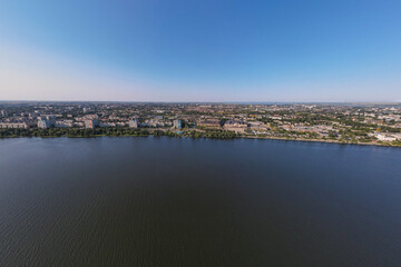 Dnepr, Ukraine. View of the left bank from the Dnieper River. Top view from a great height. Panoramic view of the city. Panoramic view of the city. Summer day. place to travel
