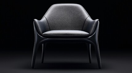 Modern upholstered chair with sleek black design and curved armrests against a dark background, showcasing contemporary seating furniture.