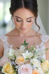 Naklejka premium Elegant Bride with Soft Makeup and Floral Bouquet Captures Timeless Beauty in a Natural Setting, Radiating Joy and Grace on Her Special Day