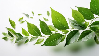 Vibrant green leaves on a branch,  isolated against a white background.