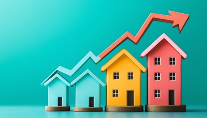 Colorful miniature houses with an upward arrow on a turquoise background, symbolizing the upward trend in real estate growth and market potential