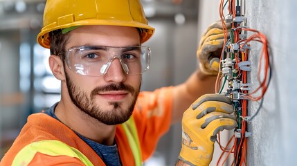 The construction worker carefully secures the electrical cables to the wall, using proper tools and techniques to ensure a safe and reliable installation.