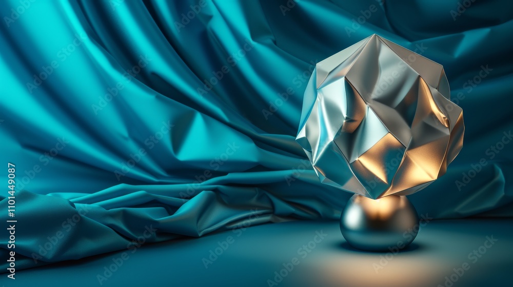 Poster a unique sculptural metallic object illuminated by warm, dramatic lighting contrasts against the dee