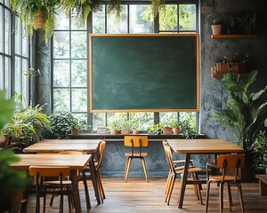 Empty green chalkboard in a modern classroom with wooden tables and chairs, surrounded by lush plants and large windows, educational setting