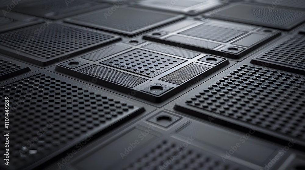 Poster close-up of many dark gray microchips arranged in a grid pattern.