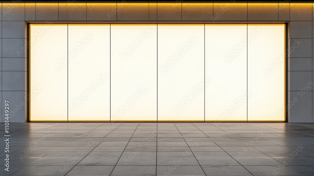 Poster a minimalistic interior space featuring a large illuminated wall, bordered by soft lighting, creatin