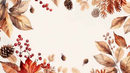 Autumnal Watercolor Frame With Leaves Berries And Pinecones