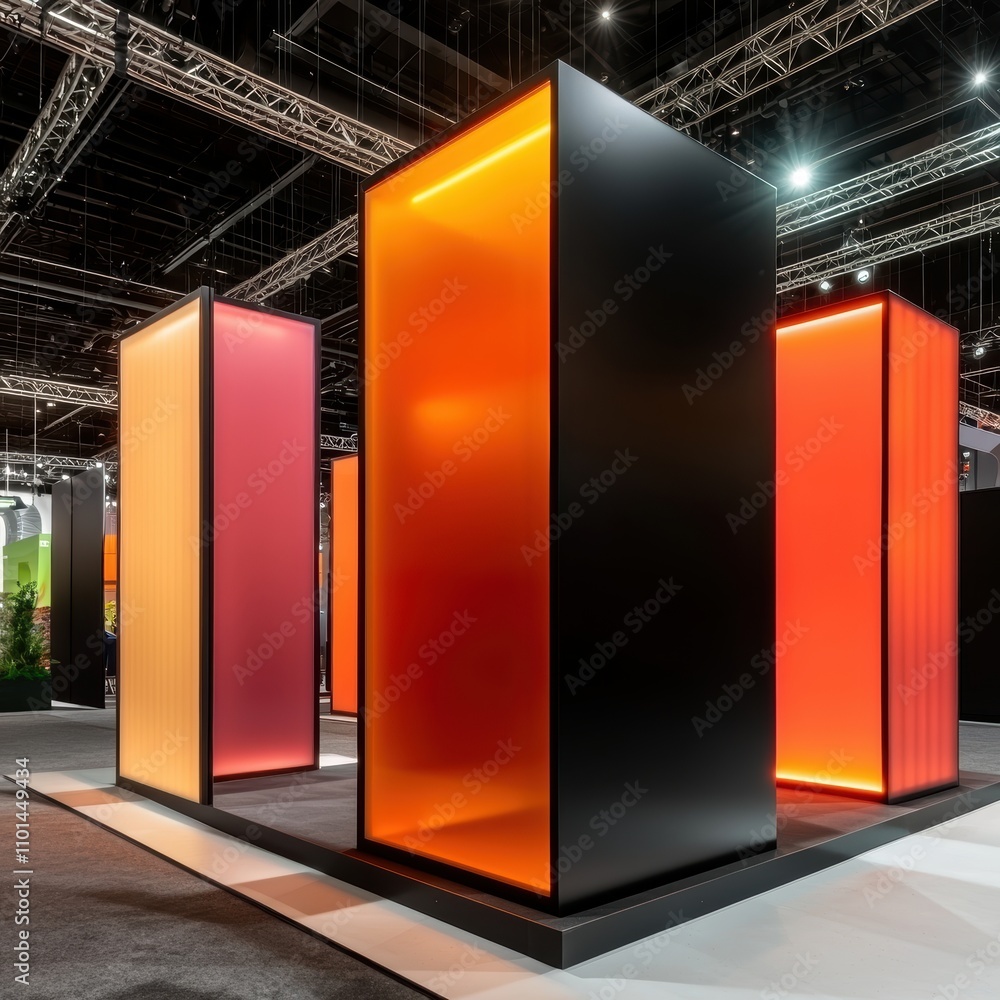 Poster a modern exhibition space featuring illuminated rectangular structures in vibrant colors, creating a