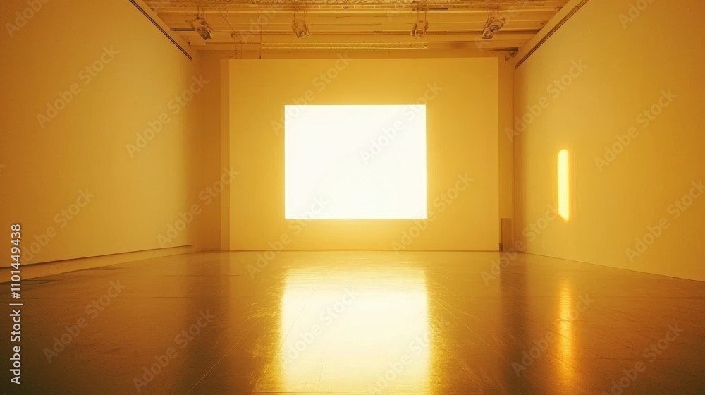 Poster a minimalist art gallery with warm sunlight streaming through large windows, creating a serene and i