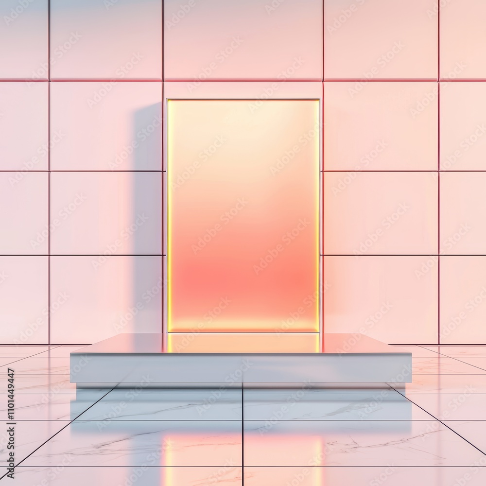 Poster a minimalist display featuring a glowing rectangular panel on a pedestal, set against a grid-pattern
