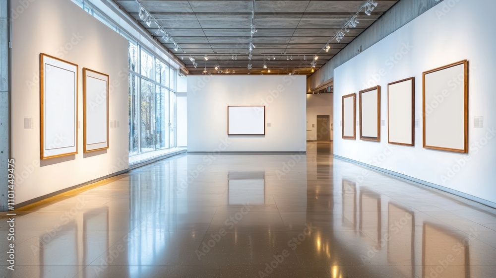 Poster a modern art gallery featuring empty frames on white walls, illuminated by natural light, creating a