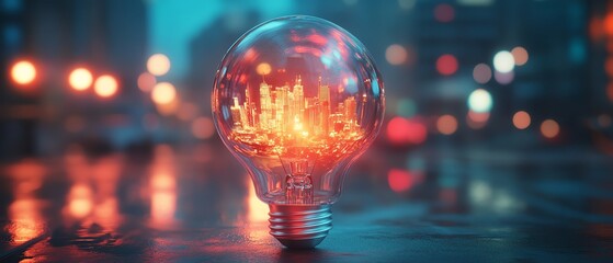 Lightbulb with a detailed cityscape inside, glowing on a bright background, representing innovation, progress, and bright ideas in 3D rendering