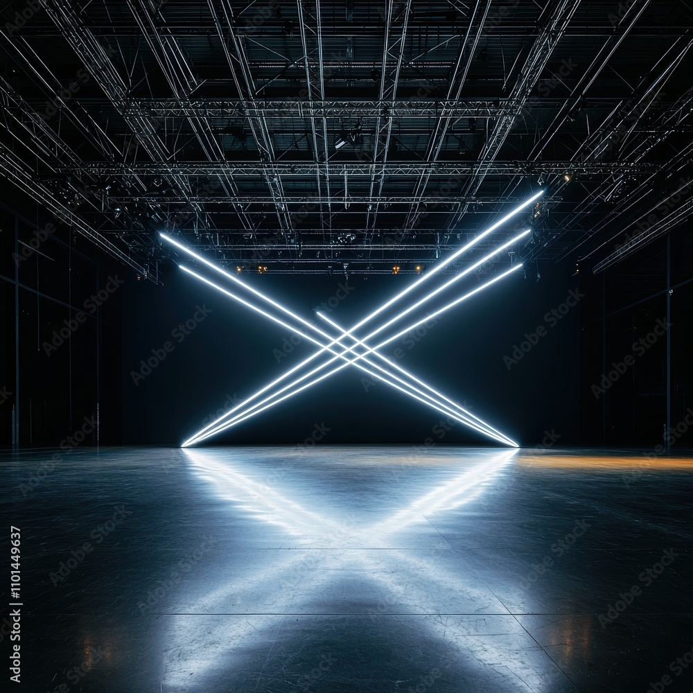 Poster a dark space illuminated by intersecting beams of light creates a dynamic and modern visual effect.
