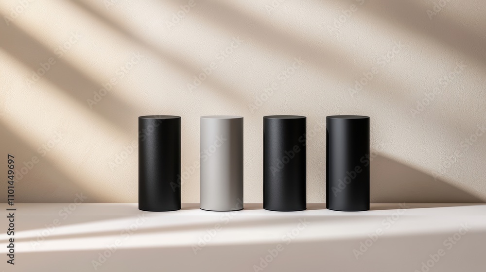 Poster a minimalist display of four cylindrical objects in varying colors against a softly lit background, 