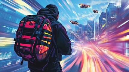 Naklejka premium Neon-lit futuristic city with abstract outlines and glowing dynamic scenes