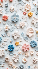 Floral pattern featuring delicate flowers made of polymer clay in pastel colors. Light background. Generative AI