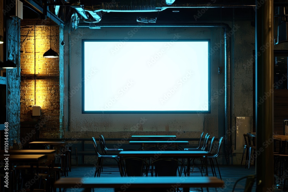 Poster a dimly lit venue features empty tables facing a large blank screen, creating a modern yet cozy atmo