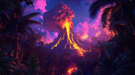 Glowing lava volcano with neon jungle plants in vibrant retro chic style
