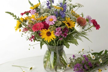 Obraz premium A bright and colorful bouquet of mixed wildflowers arranged in a glass vase, floral arrangement, mixed wildflowers