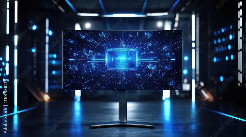 Poster a sleek monitor displays a digital interface, surrounded by futuristic lighting in a high-tech envir
