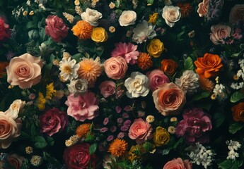 Fototapeta premium Vibrant Floral Wall Display Featuring Roses, Daisies, and a Variety of Colorful Flowers Amidst Lush Green Foliage for Nature and Beauty Themes