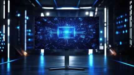 Obraz premium A sleek monitor displays a digital interface, surrounded by futuristic lighting in a high-tech environment.